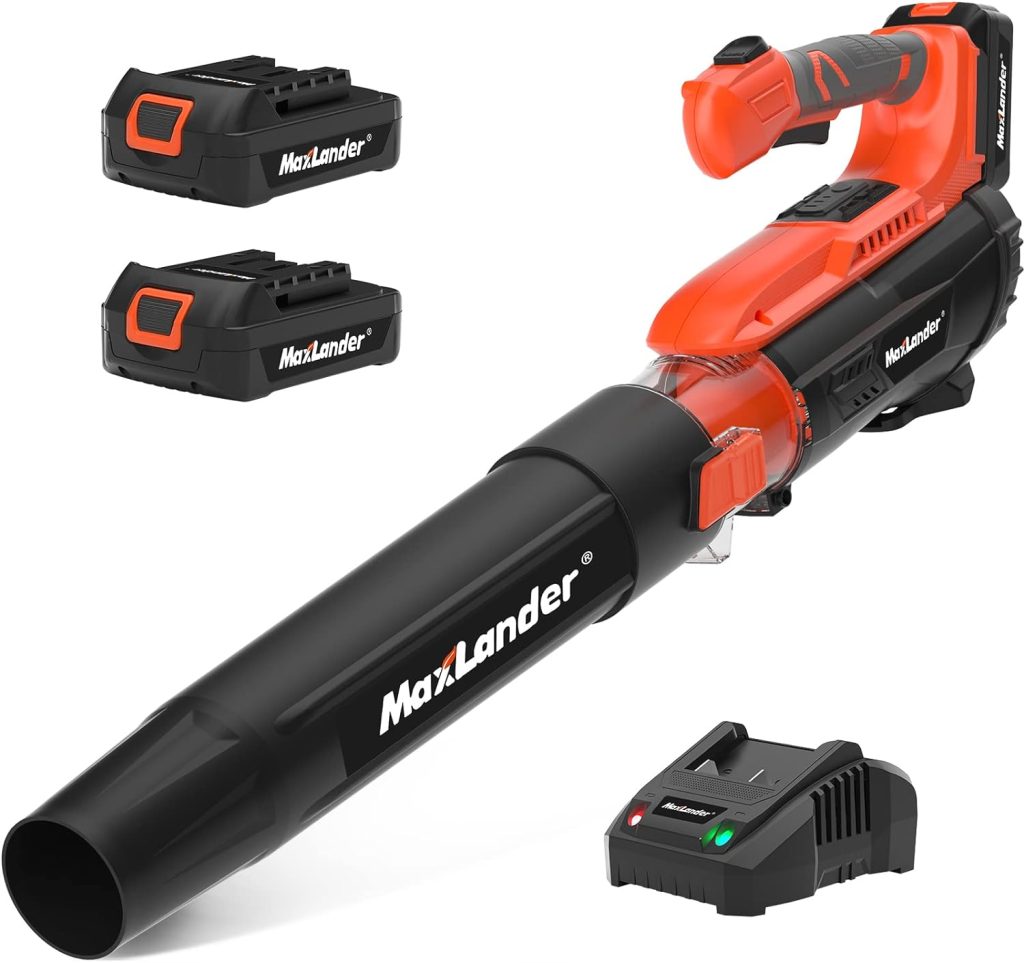 MAXLANDER Leaf Blower Cordless with Battery and Charger, 350CFM Battery Powered Leaf Blowers for Lawn Care, 2-Speed Mode Electric Leaf Blower for Snow Blowing 2PCS 2.0Ah Batteries Included