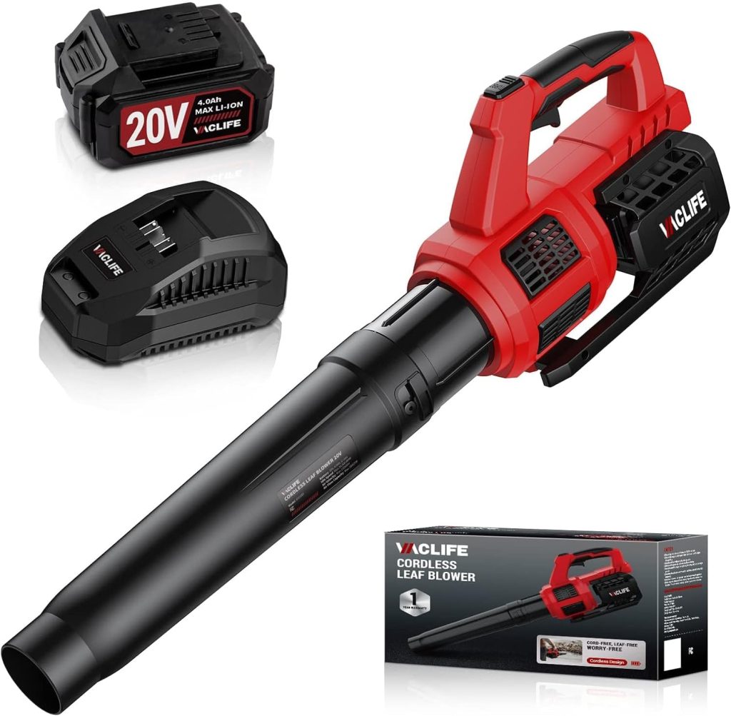 VacLife Leaf Blower Cordless with Battery and Charger-350CFM 150MPH 20V Electric Leaf Blower with Advanced Turbo  High-Speed Mode, Perfect for Lawn, Yard, Garage, Patio  Sidewalk Red (VL717)