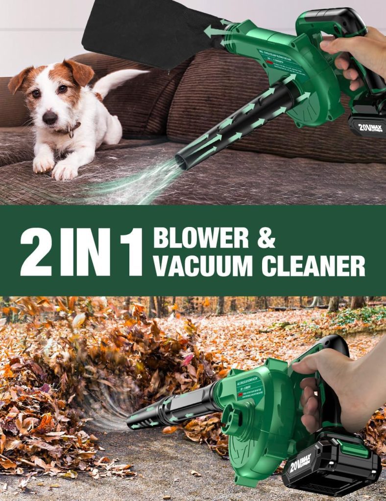 Cordless Leaf Blower - 20V 2.0 Ah Lithium Battery 2in1 Sweeper/Vacuum for Blowing Leaf, Clearing Dust Small Trash,Car, Computer Host, Hard to Clean Corner