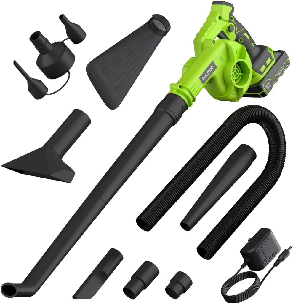 Cordless Leaf Blower with Battery, Charger Dust Bag, 2-in-1 20V Cordless Vacuum Cleaner with Self-Locking Switch, Handheld Battery Powered Small Blower for Lawn Care/Dust/Pet Hair/Inflatable Bed