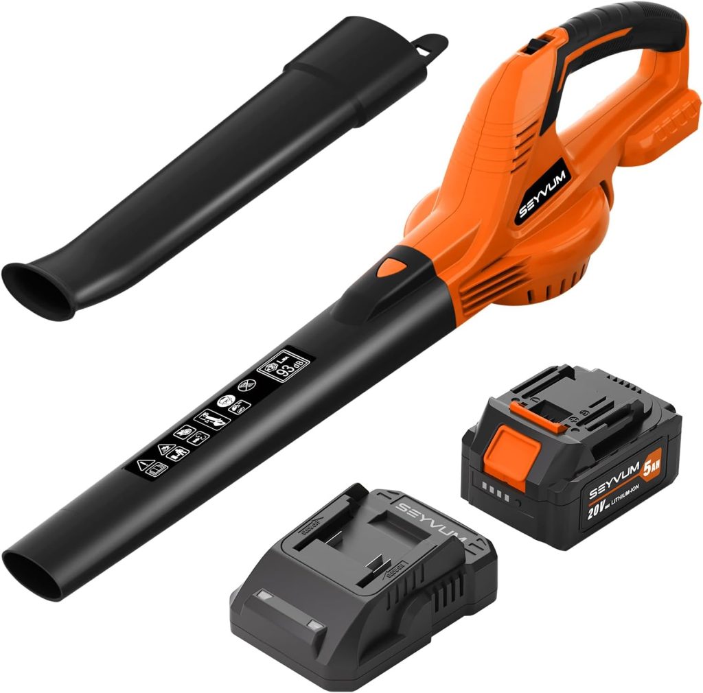 Leaf Blower, SEYVUM 20V 5.0 Ah Battery Cordless Leaf Blower, 2 Speed Electric Leaf Cleaner for Lawn Care, 320CFM 150MPH Blower for Patio, Garden, Cars  Depot, Fast Charger Included, Orange