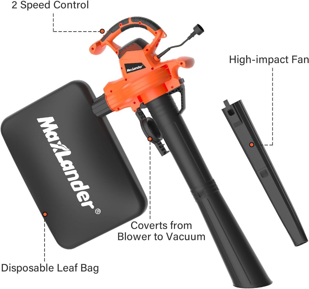 MAXLANDER 3 in 1 Electric Leaf Blower/Vacuum/Mulcher with Bag,12Amp 365CFM Corded Leaf Blower Vacuum with Metal Impeller,2-Speed Dial Leaf Blower for Lawn Care