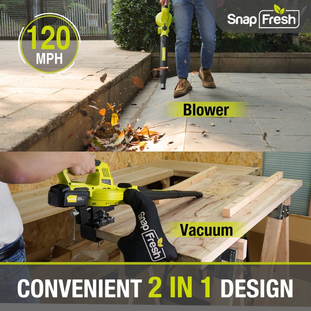 SnapFresh Cordless Blower  Vacuum - 2 in 1 Electric Blower with 4.0Ah Lithium Battery  2h Fast Charger, 20V Handheld Vacuum Sweeper with Bag for Small Trash, Car, Dust, Pet Hair, Corner Cleaning