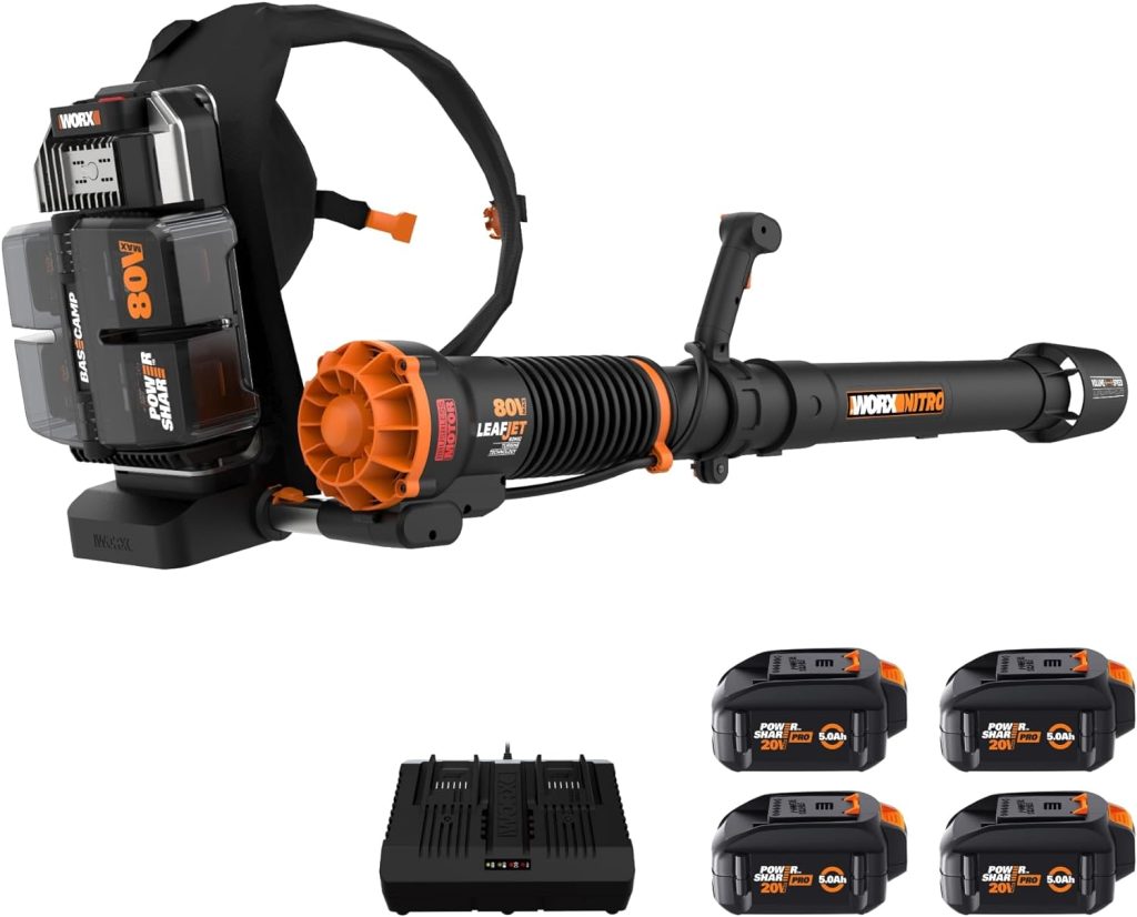 Worx Nitro 80V LEAFJET Leaf Blower Cordless with Battery and Charger, WG572 Brushless Motor Blowers for Lawn Care, Cordless Leaf Blower – (4) Batteries, Charger, and Basecamp Included