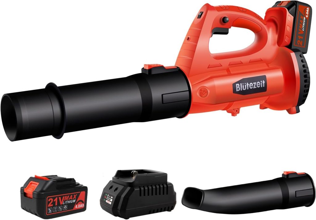 Blütezeit 21V Cordless Leaf Blower, 350CFM 150MPH Electric Leaf Blower (4.0Ah Battery  Charger Included), 6 Variable Speeds, Lightweight for Lawn Care, Snow, Yard, Debris and Dust