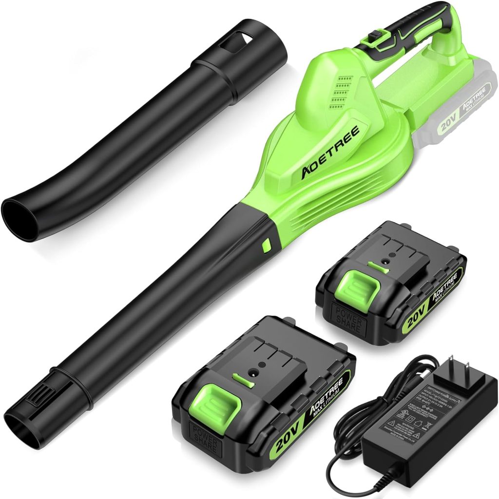 Cordless Leaf Blower - Lightweight Electric Blower with 2 Batteries  Charger - 20V Battery Powered Small Handheld Blower for Lawn Care Green