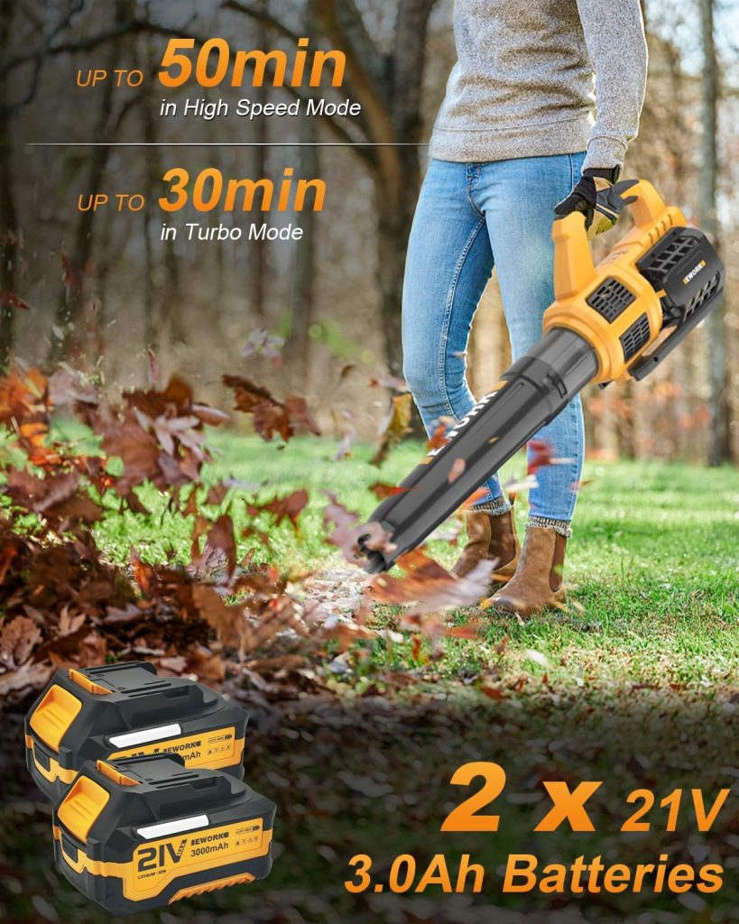 EWORK Cordless Leaf Blower - 21V Electric Leaf Blower Cordless with (2) 3.0Ah Battery and Fast Charger 400CFM Variable Speed  Turbo Mode - Battery Powered Leaf Blowers for Lawn Care and Patio