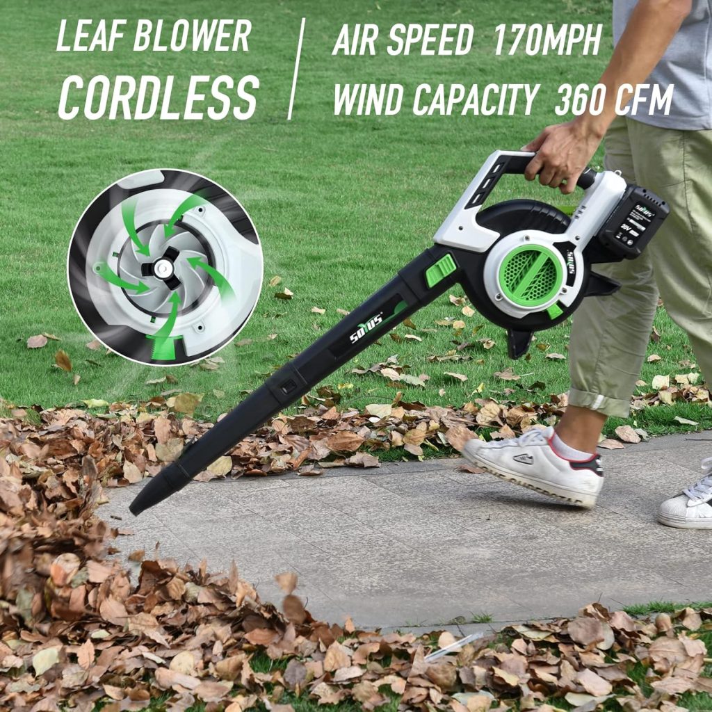 Leaf Blower Cordless Battery and Charger SOYUS 20V Blowers for Lawn Care 350CFM Leaf Blower Battery Operated for Leaf Blowing Debris Dust Cleaning Snow Blower 2PCS 2.0Ah Batteries Included Green