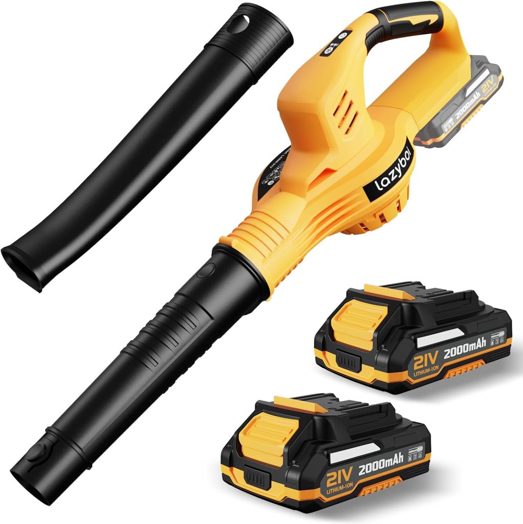Leaf Blower Cordless with 2 Batteries and Charger, 150MPH Handheld Electric Leaf Blower with 2 Speed Mode 21V 2.0Ah Battery Powered Leaf Blowers for Lawn Care, Patio, Blowing Leaves, and Snow Yellow