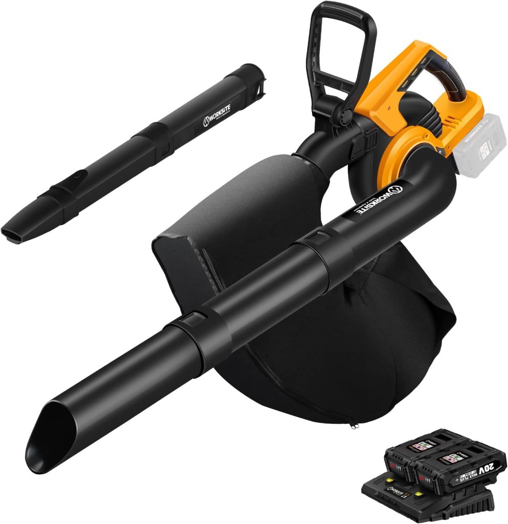 WORKSITE 40V Cordless Leaf Blower, 3-in-1 Electric Leaf Blower/Vacuum/Mulcher 330 CFM with Variable Speed, 45L Collection Bag, Two Batteries and Dual Port Fast Charger