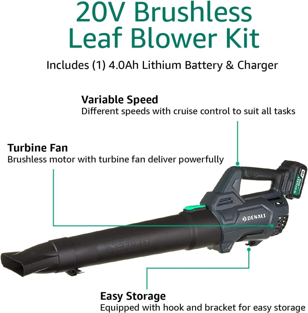 Amazon Brand - Denali by SKIL 20V Brushless 400 CFM Leaf Blower Kit, Includes 4.0Ah Lithium Battery  Charger, Blue