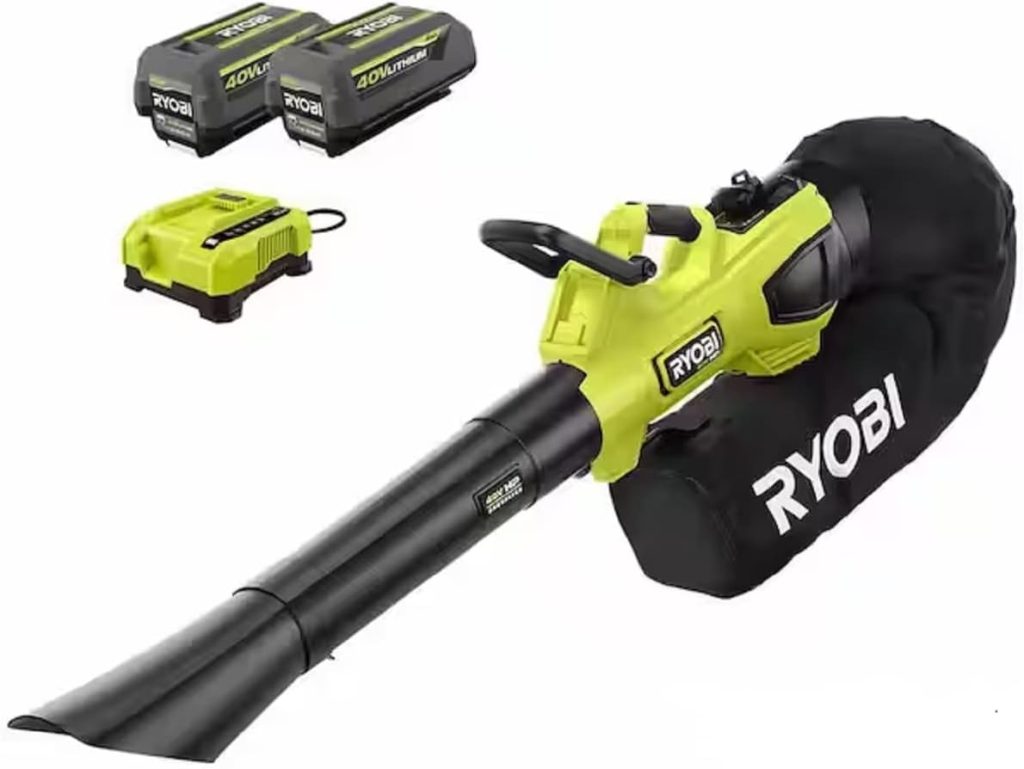 RYOBI 40V HP Brushless 100 MPH 600 CFM Cordless Leaf Blower/Mulcher/Vacuum with (2) 4.0 Ah Batteries and Charger Green